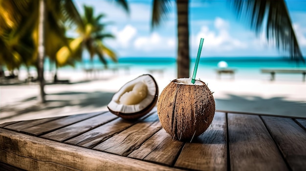 cocktail in coconut on the wooden table there is a clear