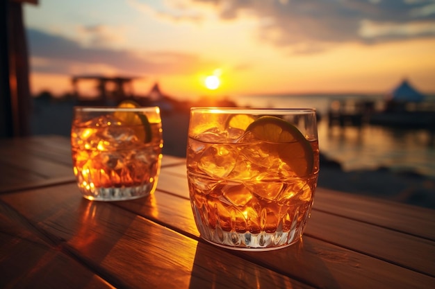 Cocktail drinks in glasses against a sunset sky generative ai