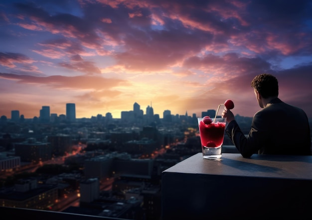 A cocktail enthusiast enjoying a Bramble cocktail on a rooftop terrace with a panoramic city view