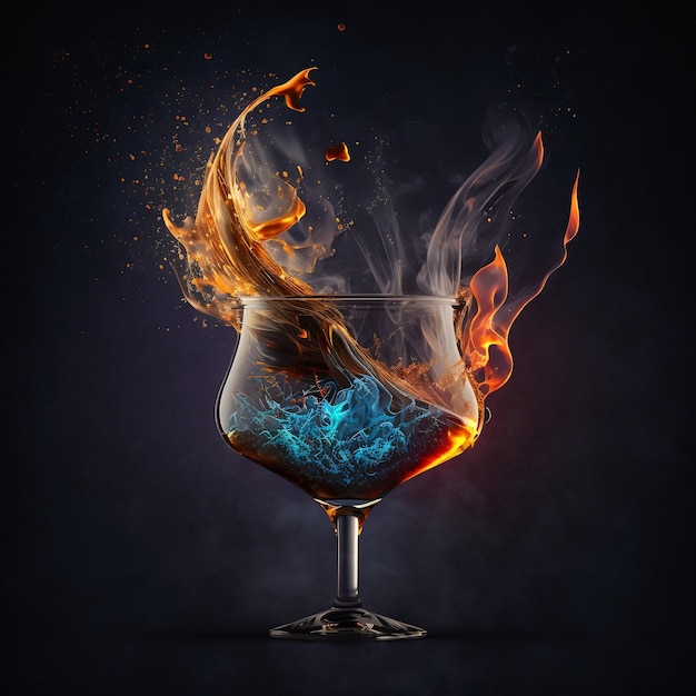 Cocktail in fire with smoke and particles