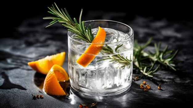 cocktail gin tonic met ijsrozemarijn en sinaasappel in een