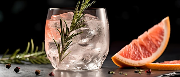 Foto cocktail gin tonic con rosmarino ghiacciato e pompelmo