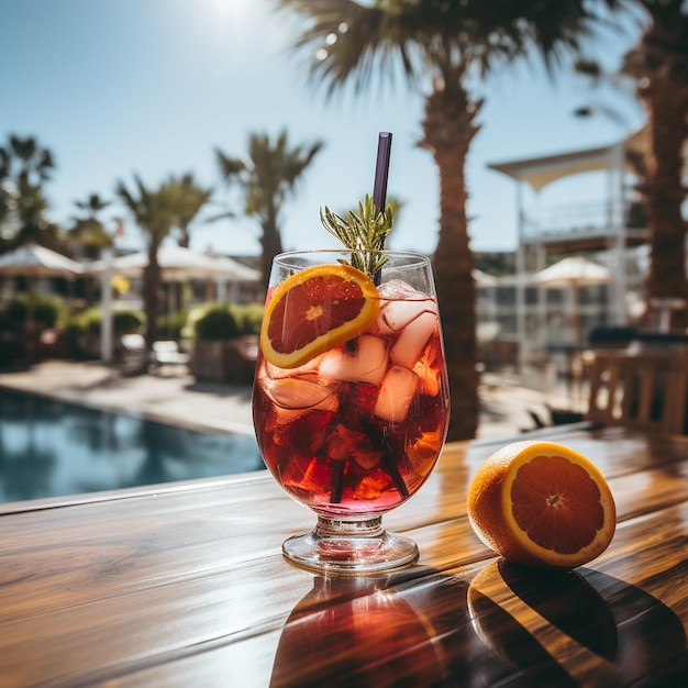 cocktail in glass by the pool on the beach palm tree