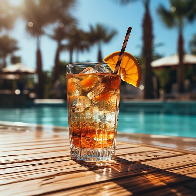 cocktail in glass by the pool on the beach palm tree