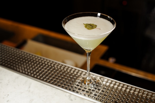 Cocktail glass filled with fresh alcoholic drink decorated with birch leaf