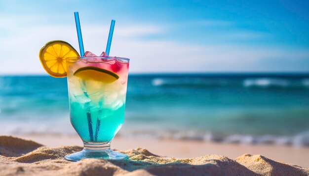 Cocktail glass on the sandy beach near the sea in summer time Generative AI