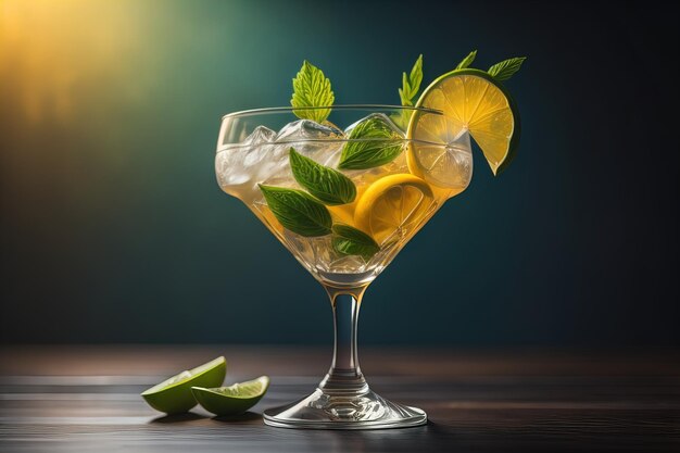 Photo cocktail in a glass on a solid color background ai generative