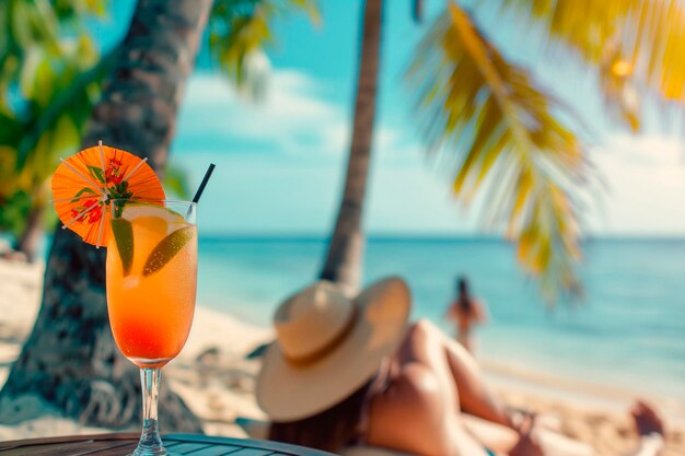 Foto un cocktail in un bicchiere in piedi su un tavolo vicino a un lettino sulla spiaggia