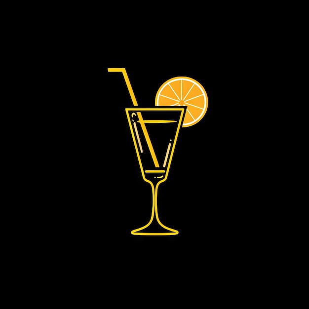 Foto bicchiere da cocktail e logo in paglia minimalismo vettoriale in colore giallo su sfondo nero