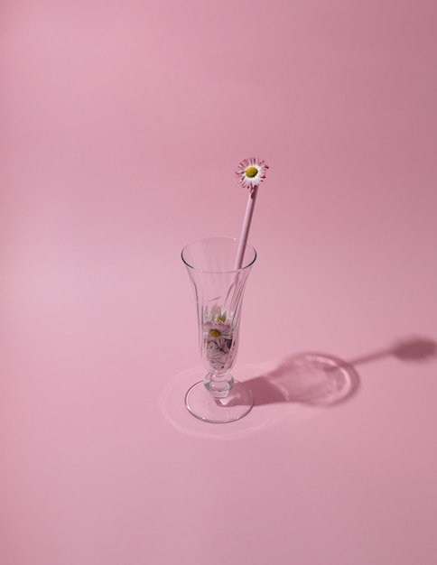 Cocktail glass with daisy flowers minimal composition abstract art idea