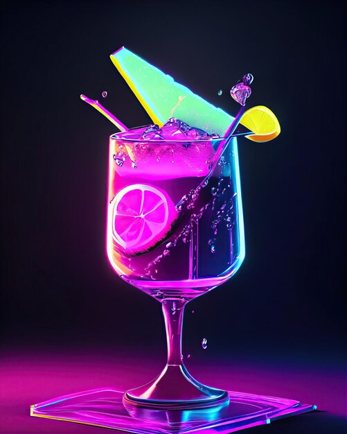 A cocktail glass with a drink inside splashing the drink sits on a stand with a slice of lemon neon