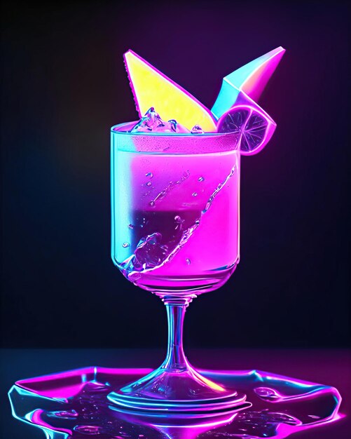 Photo a cocktail glass with a drink inside splashing the drink sits on a stand with a slice of lemon neon