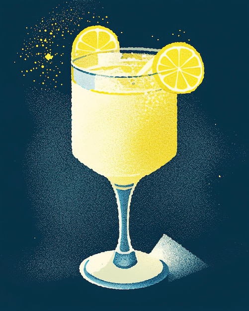 Коктейльный стакан с напитком внутри, брызгающим напитком, сидит на подставке с кусочком лимона.