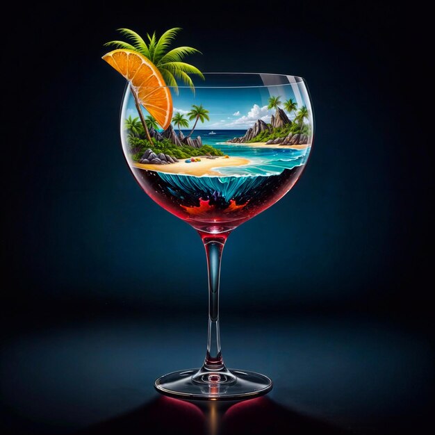 Cocktail glass with an island palm trees and beach inside Generative AI