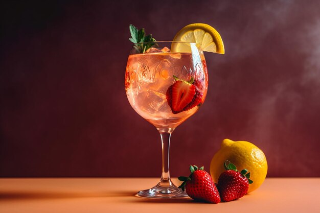Фото Коктейльный стакан с клубничным и лимонным гарниром