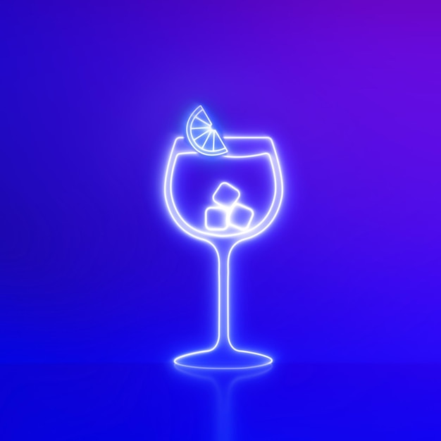 Cocktail icon of neon light on purple background. party concept.