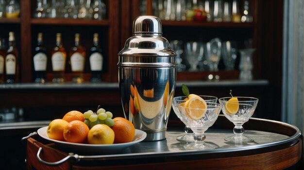 Photo cocktail making tools on a vintage bar counter