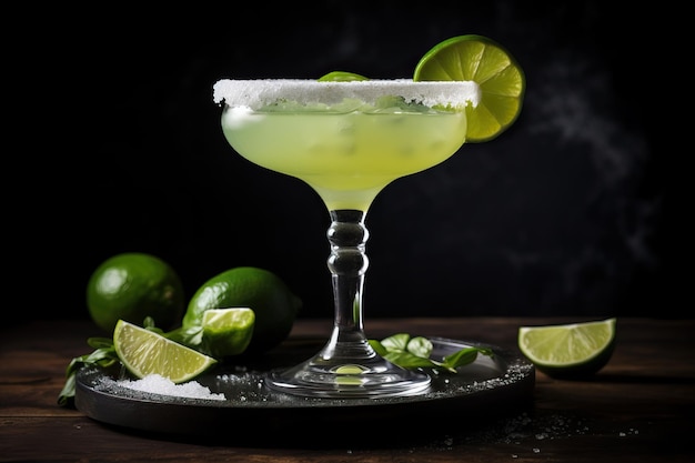 Cocktail Margarita lime and mint on a dark background