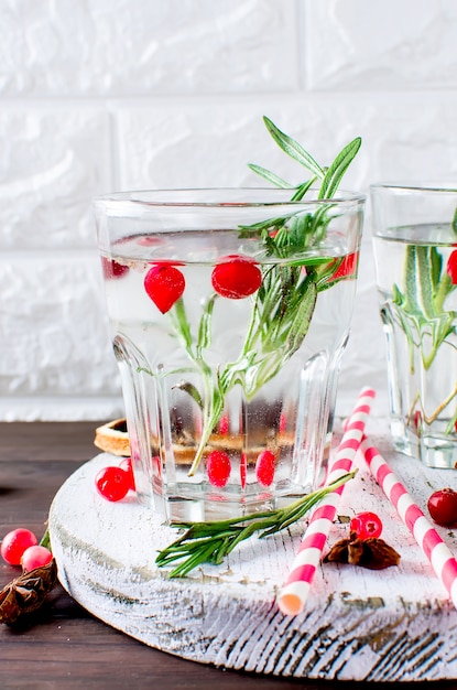 Cocktail met cranberry, rozemarijn en ijs