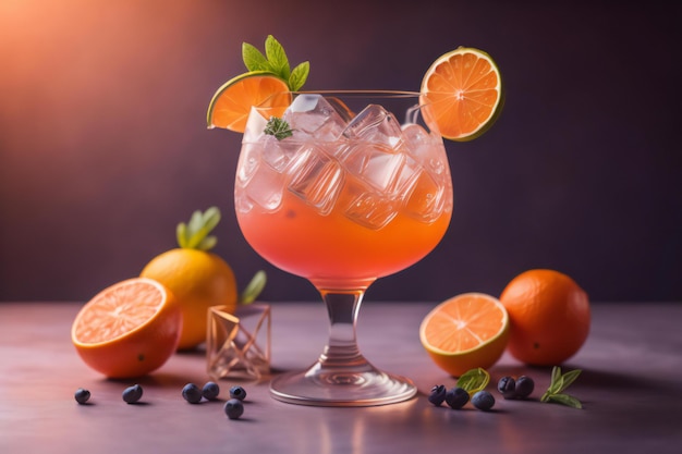 Cocktail met sinaasappel en bosbessen op een houten achtergrond generatieve ai