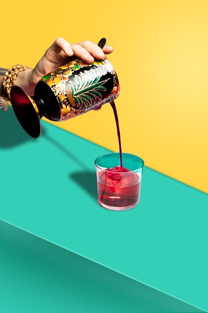 Photo cocktail minimalism cocktail on a colored background cocktail in hand