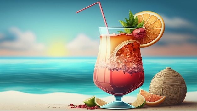 Cocktail op het strand met uitzicht op de zee Generatieve AI