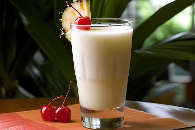 Cocktail pina colada verfraaid met versieringen op een achtergrond van fruitamandelen en groen