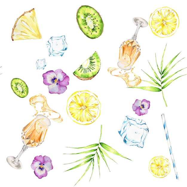 Cocktail set summer bright drinks in different glasses Watercolor illustration for banners postcards