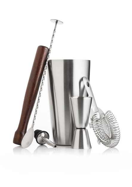 Photo cocktail set with shaker and wooden muddler