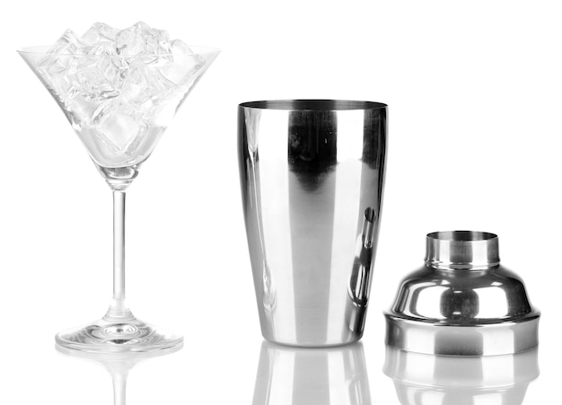 Cocktail shaker and cocktail glass isolated on white