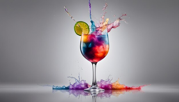 cocktail splashing and multicolored smoke in a black background