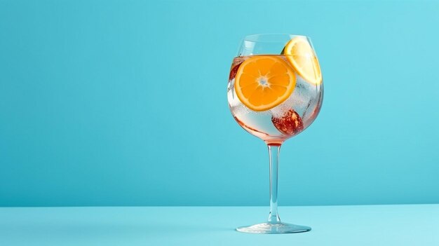 Cocktail in style with lemon and orange slices on a bright blue backdrop generate ai