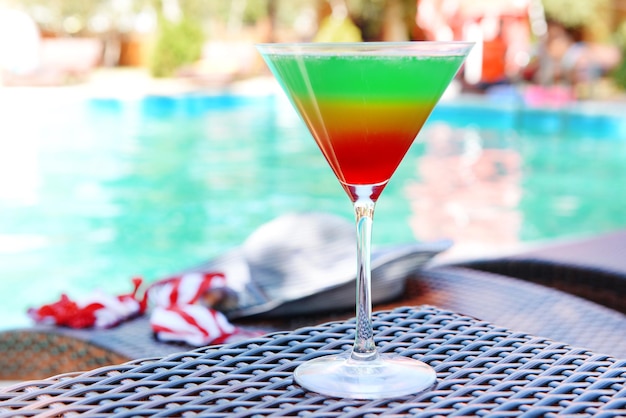 Cocktail on swimming pool background