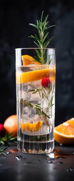 Cocktail of vodka and sprite with ripe fruits and rosemary Illustration AI GenerativexA