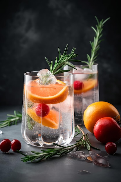 Cocktail of vodka and sprite with ripe fruits and rosemary Illustration AI GenerativexA