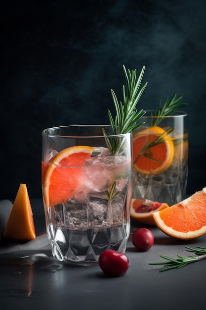 Cocktail of vodka and sprite with ripe fruits and rosemary Illustration AI GenerativexA