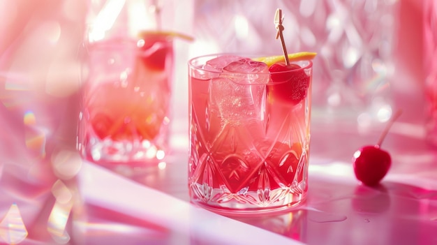 Cocktail with cherry and ice on pink background