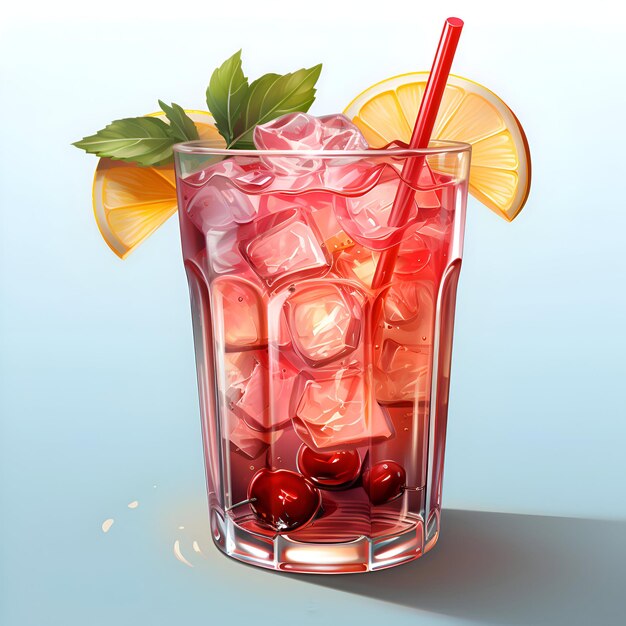 Cocktail with cherry lemon and ice cubes on blue background