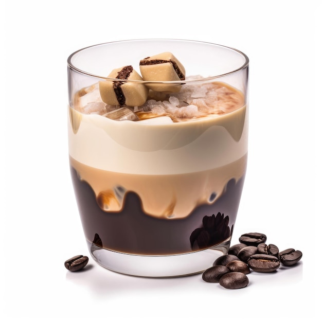 Cocktail with coffee and baileys cream and a sweet chocolate isolated on whie background