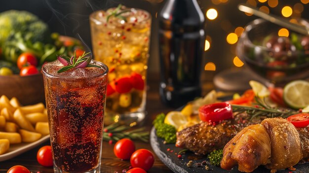 Cocktail with cola meat and vegetables on the table