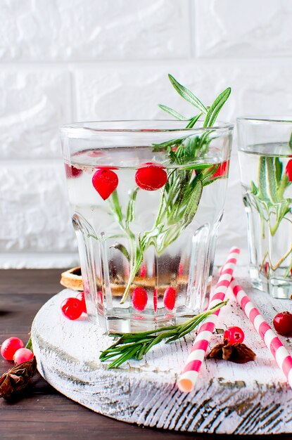 Cocktail with cranberry, rosemary and ice