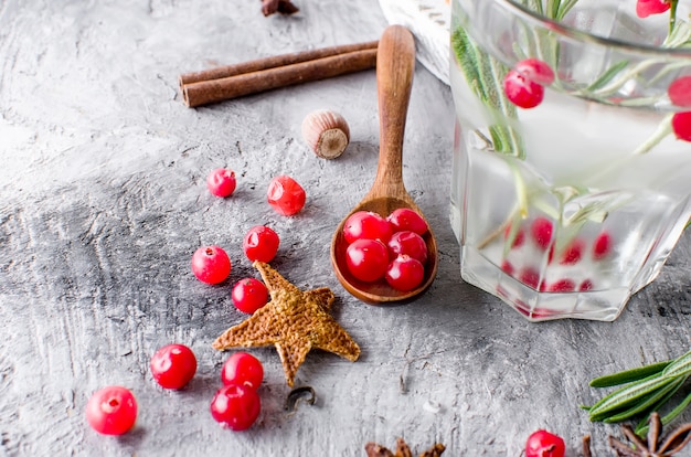 Cocktail with cranberry, rosemary and ice