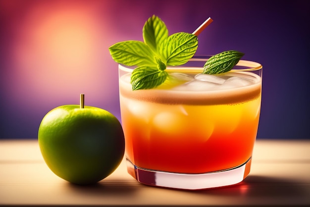 A cocktail with a green apple next to it