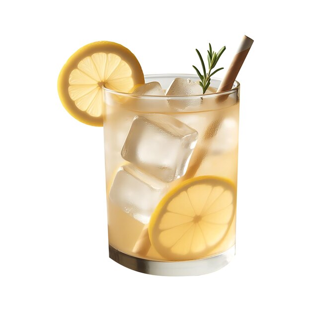 Cocktail with ice cubes lemon and rosemary on a white background Generative AI