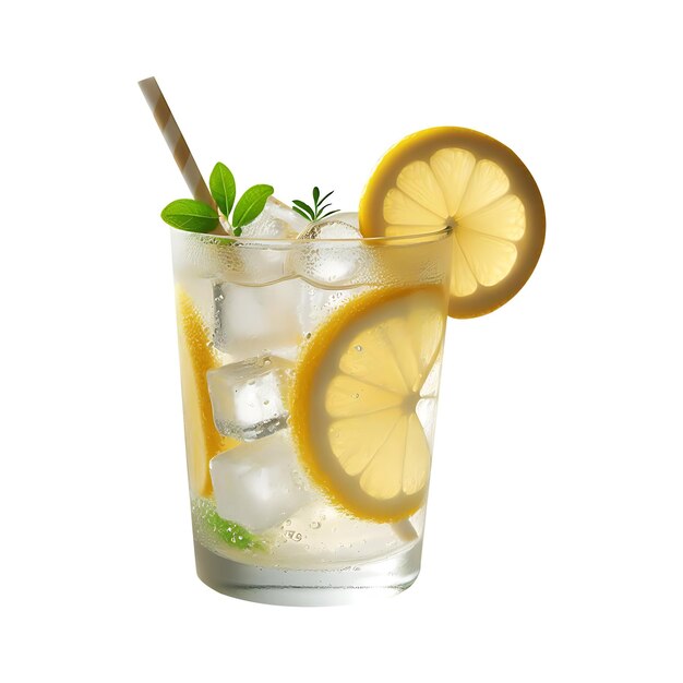 Cocktail with ice cubes lemon and rosemary on a white background Generative AI