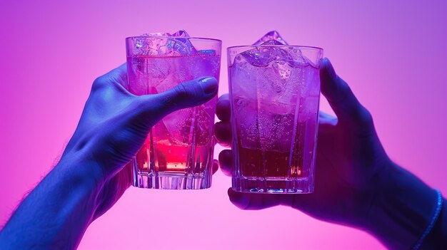 Cocktail with ice cubes in mans hand on pink background