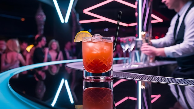 Photo cocktail with ice and lemon on a bar counter in a nightclub