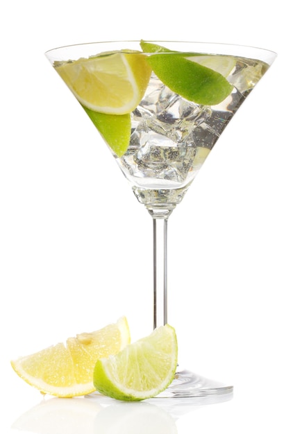 Cocktail with ice lemon and green lime isolated on white