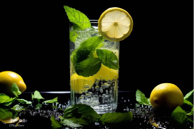 Cocktail with lemon mint and ice on a blue background