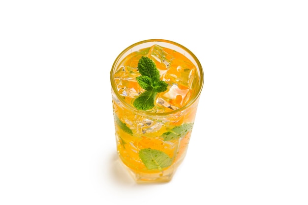 Cocktail with lemon and mint on a white background. Copy space.